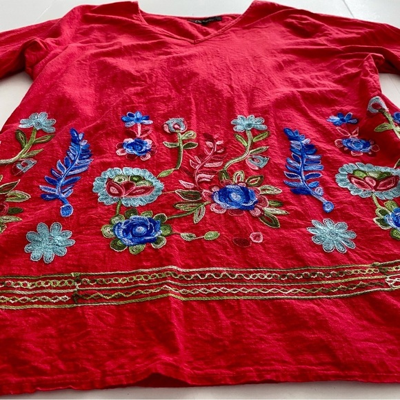 CALESSA Red Cotton Tunic Top Plus Size 1X Boho Embroidered Floral  V-neck Summer - Picture 5 of 14